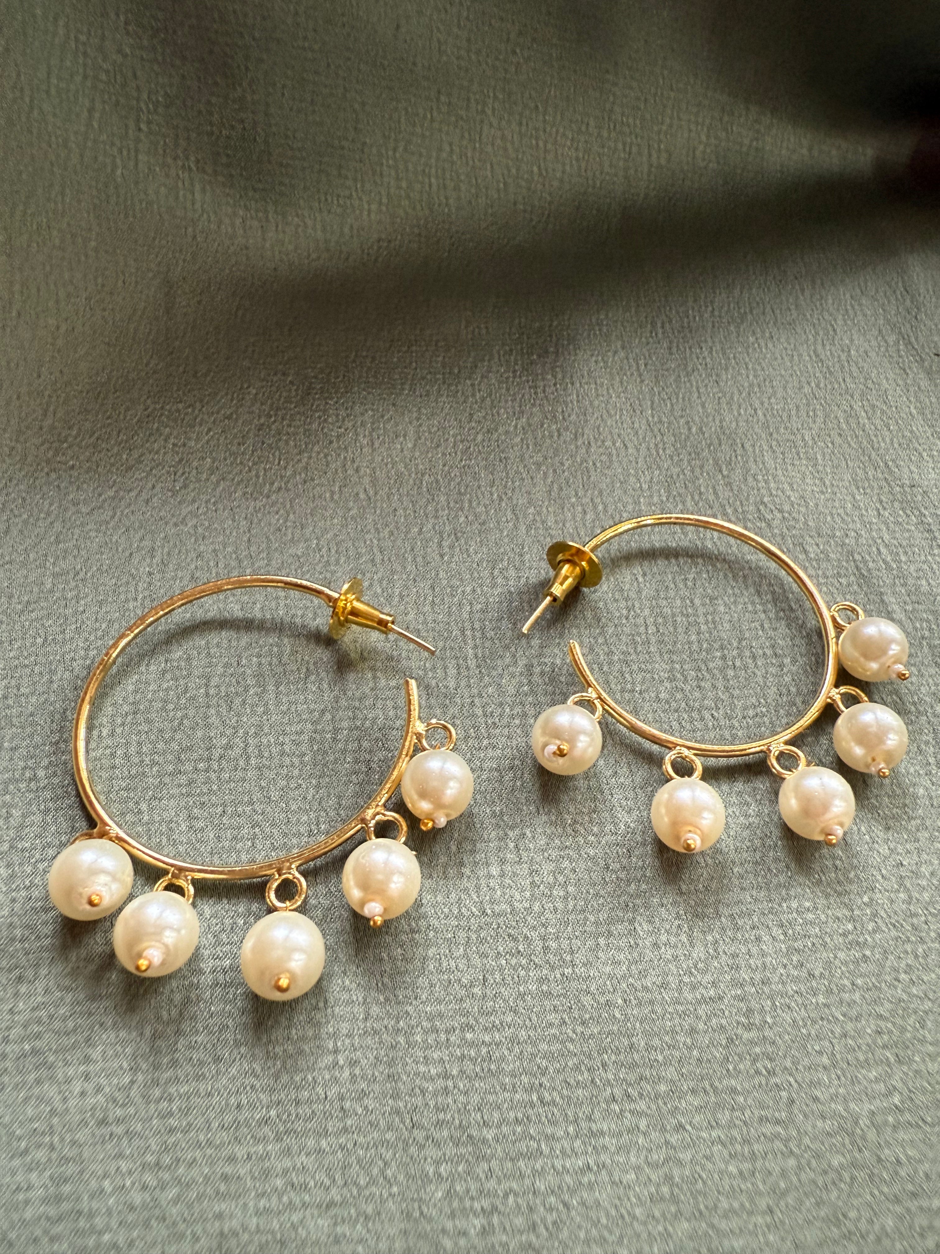 Pearl Hoop Gold Statement Earrings
