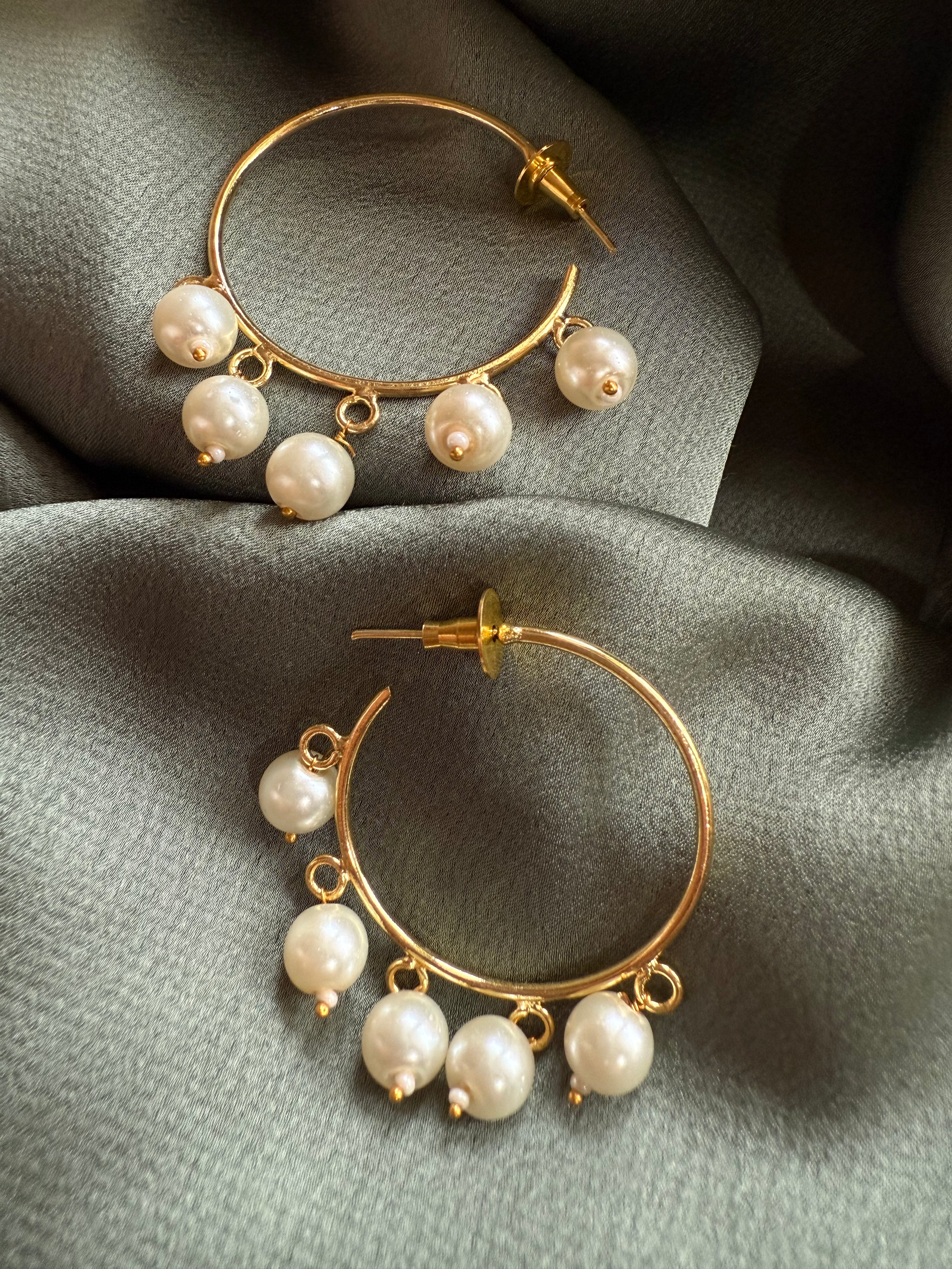 Pearl Hoop Gold Statement Earrings