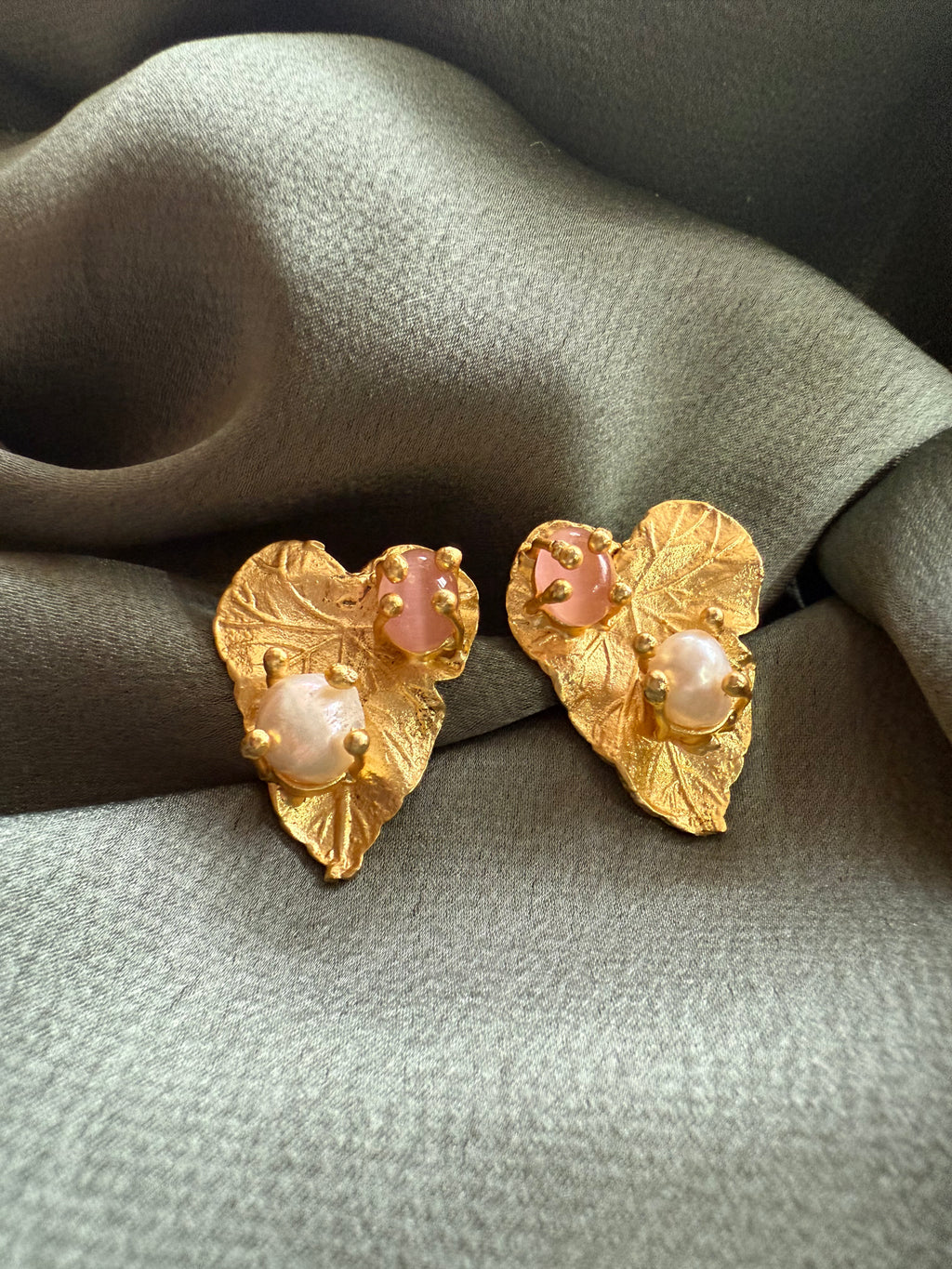 Pearl on Palm Gold Statement Earrings