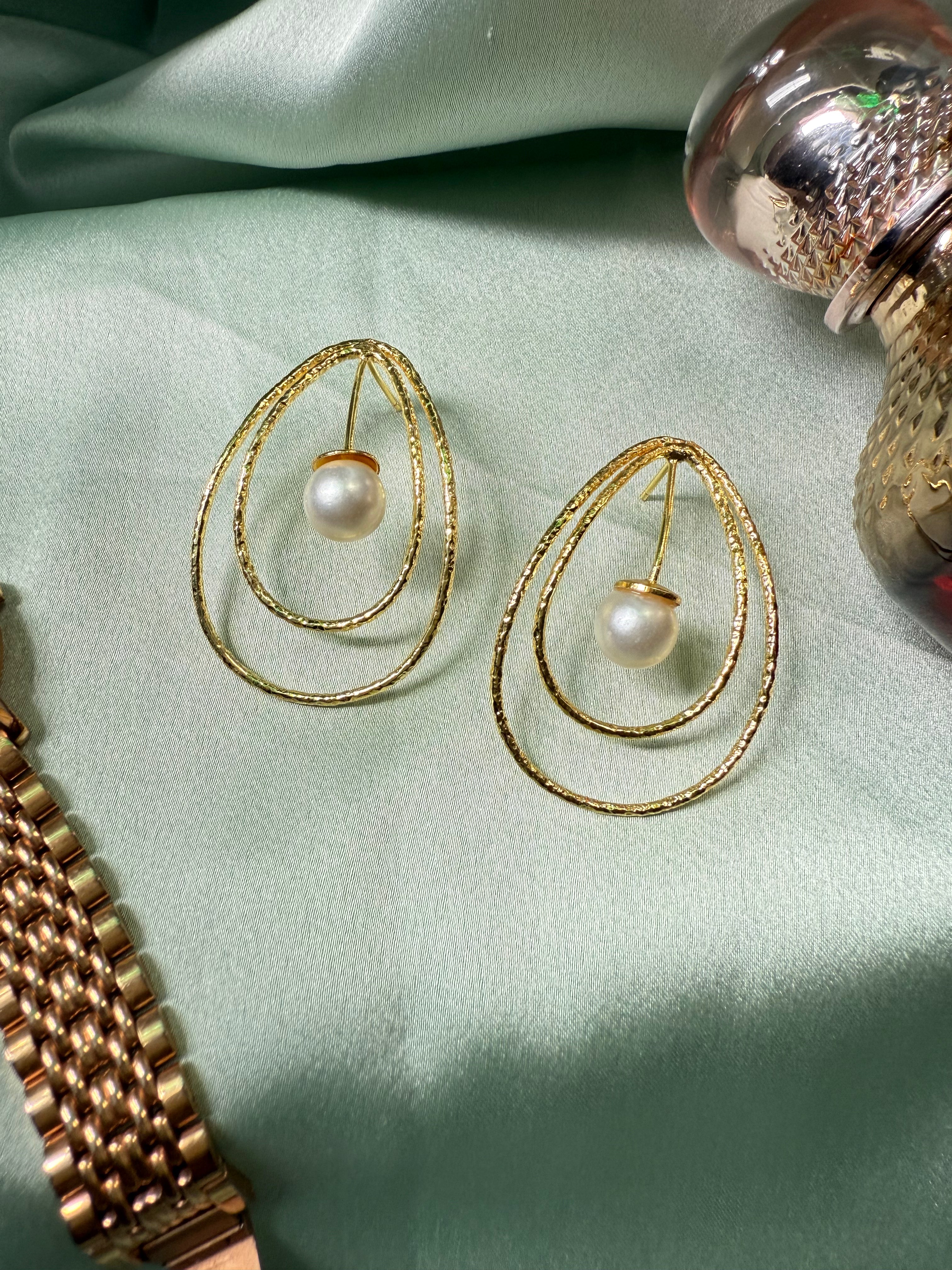 Spiral Pearl Gold Statement Earrings