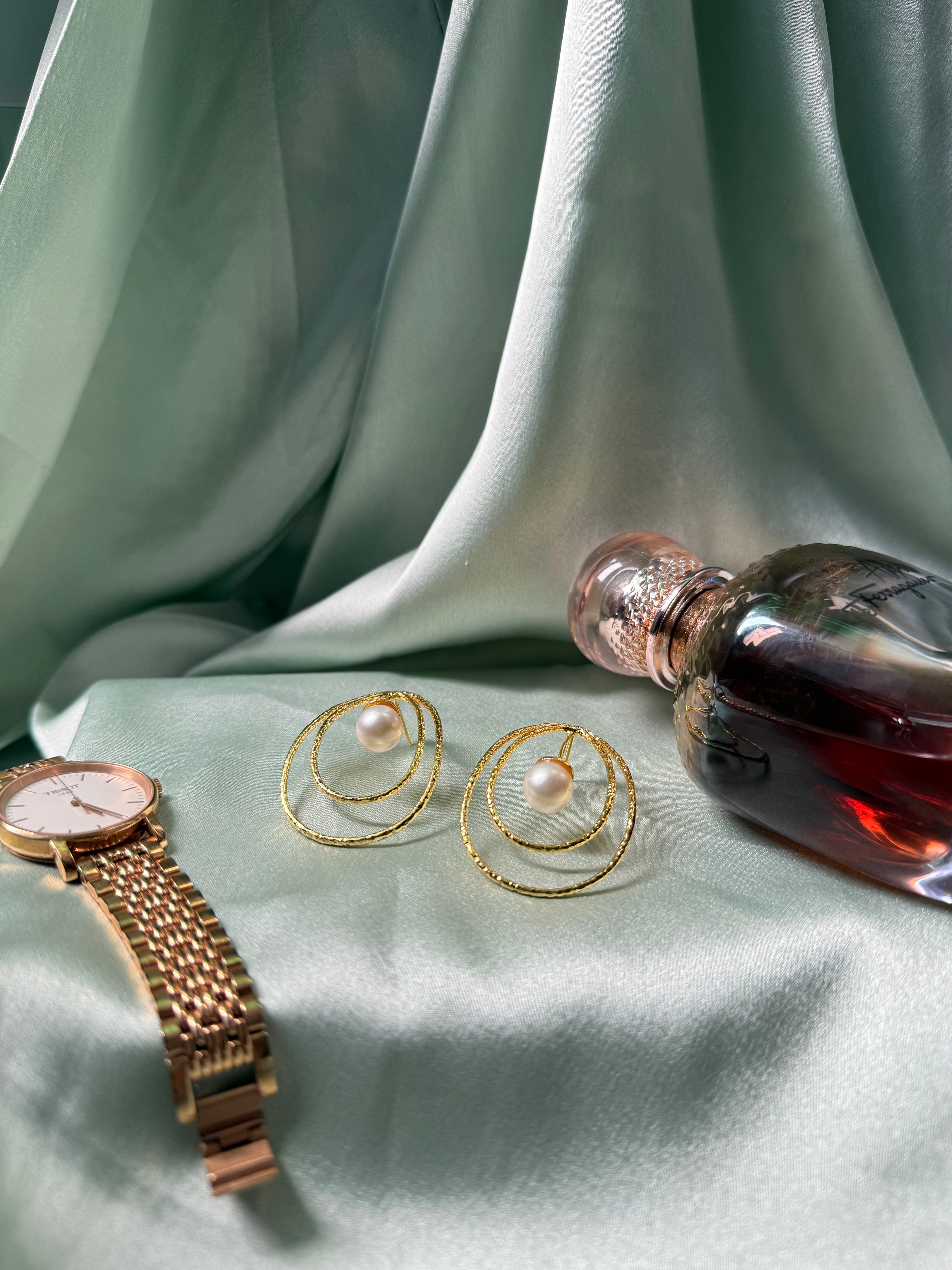 Spiral Pearl Gold Statement Earrings